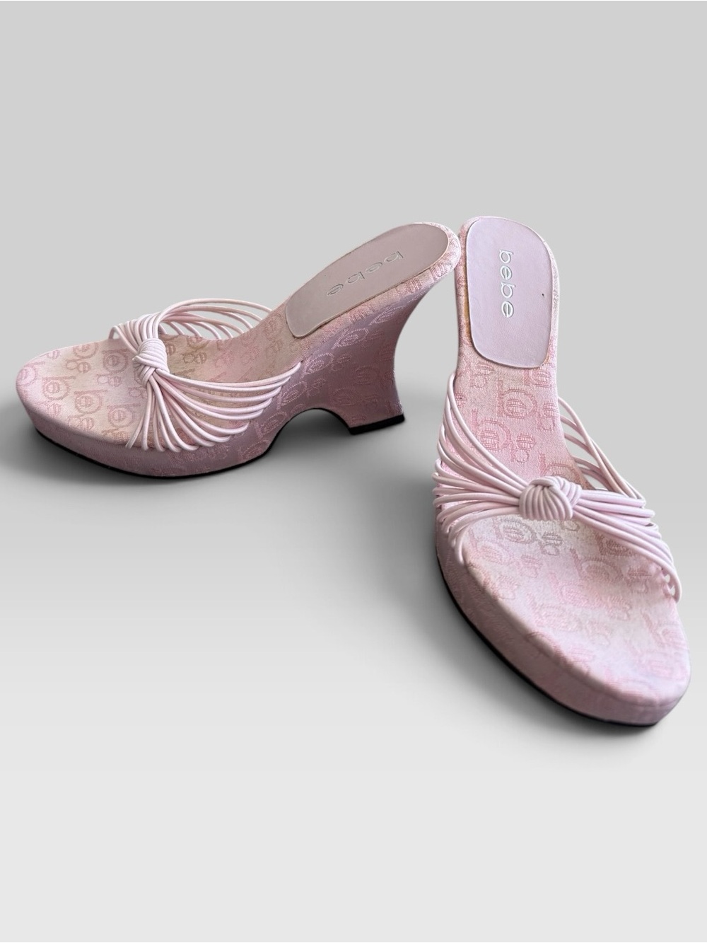 bebe Y2K Pink Monogram Wedge Platform Sandals Strappy Heels